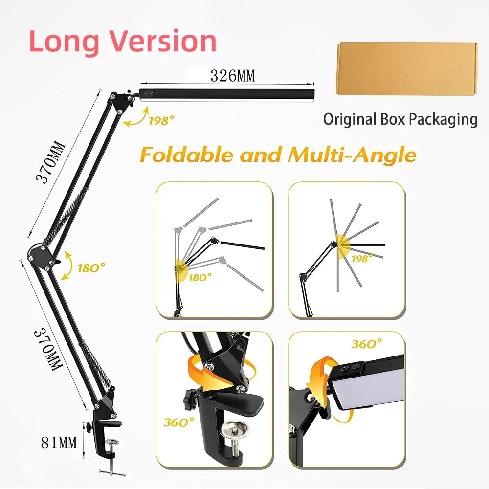 LED Desk Lamp with Clamp 10W Swing Arm Desk Lamp Eye-Caring Dimmable Desk Light with 10 Brightness Level, 3 Lighting Modes
