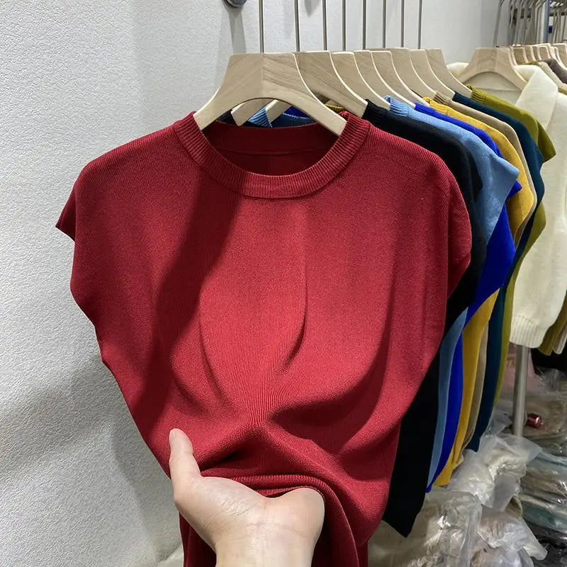 Women's T-shirt Summer O Neck Knitted Fashion Woman Blouse 2026 Short Sleeve Tees Solid Color Ice Silk Oversized T-shirt Women
