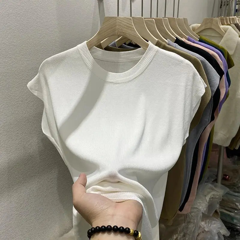 Women's T-shirt Summer O Neck Knitted Fashion Woman Blouse 2026 Short Sleeve Tees Solid Color Ice Silk Oversized T-shirt Women