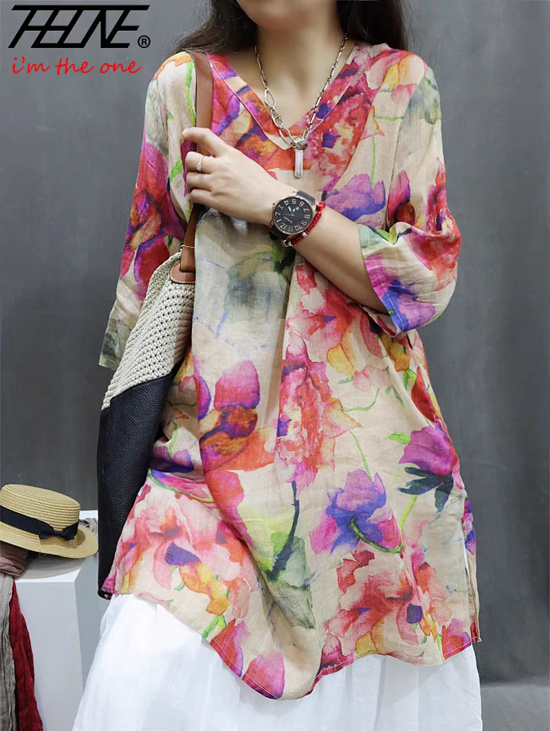 THHONE Fashion Woman Blouse Cotton Linen Casual Blusa Mujer Camisas Women's Clothing Summer Print Loose V-Neck Vintage Shirts
