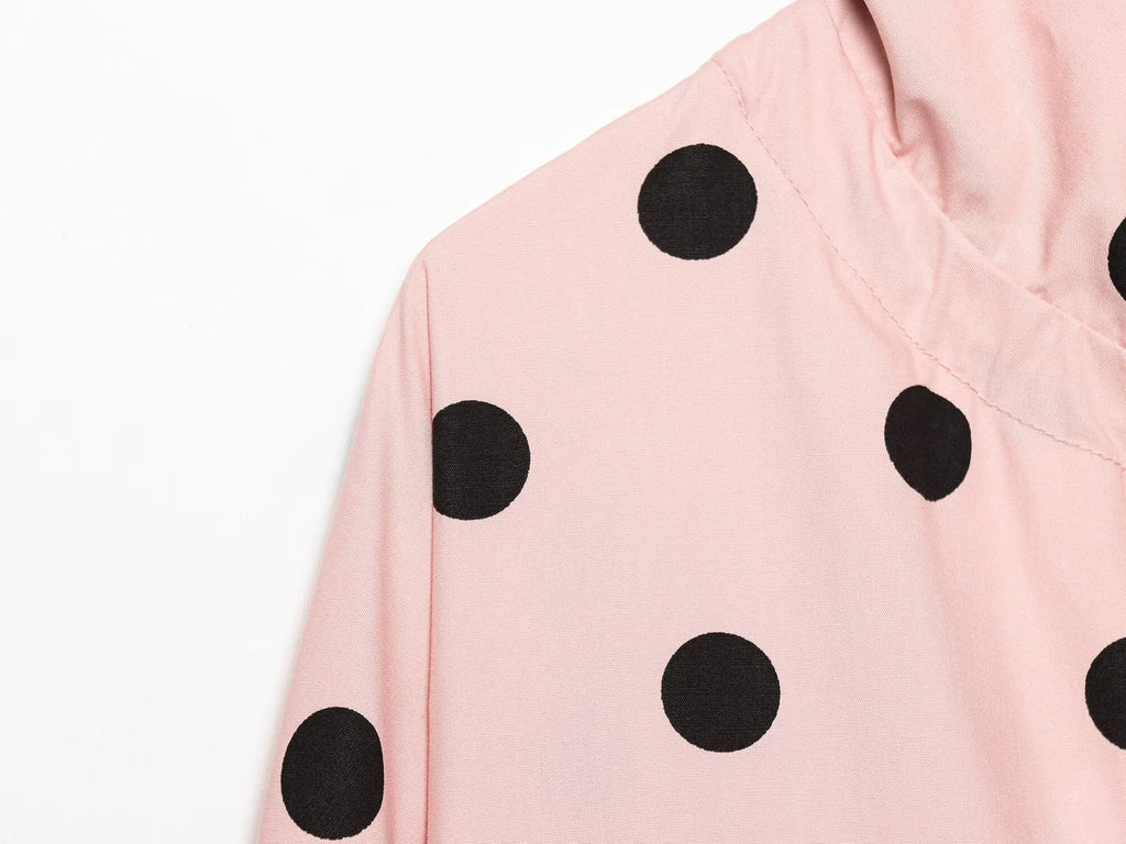 HH Spring Women Casual High Street Jacket Fashion Woman Long Sleeve Pink Polka Dot Jacket Single Breasted High Collar Short Coat