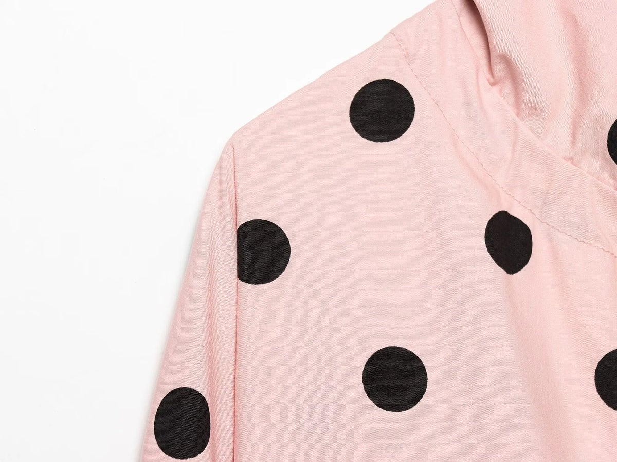 HH Spring Women Casual High Street Jacket Fashion Woman Long Sleeve Pink Polka Dot Jacket Single Breasted High Collar Short Coat