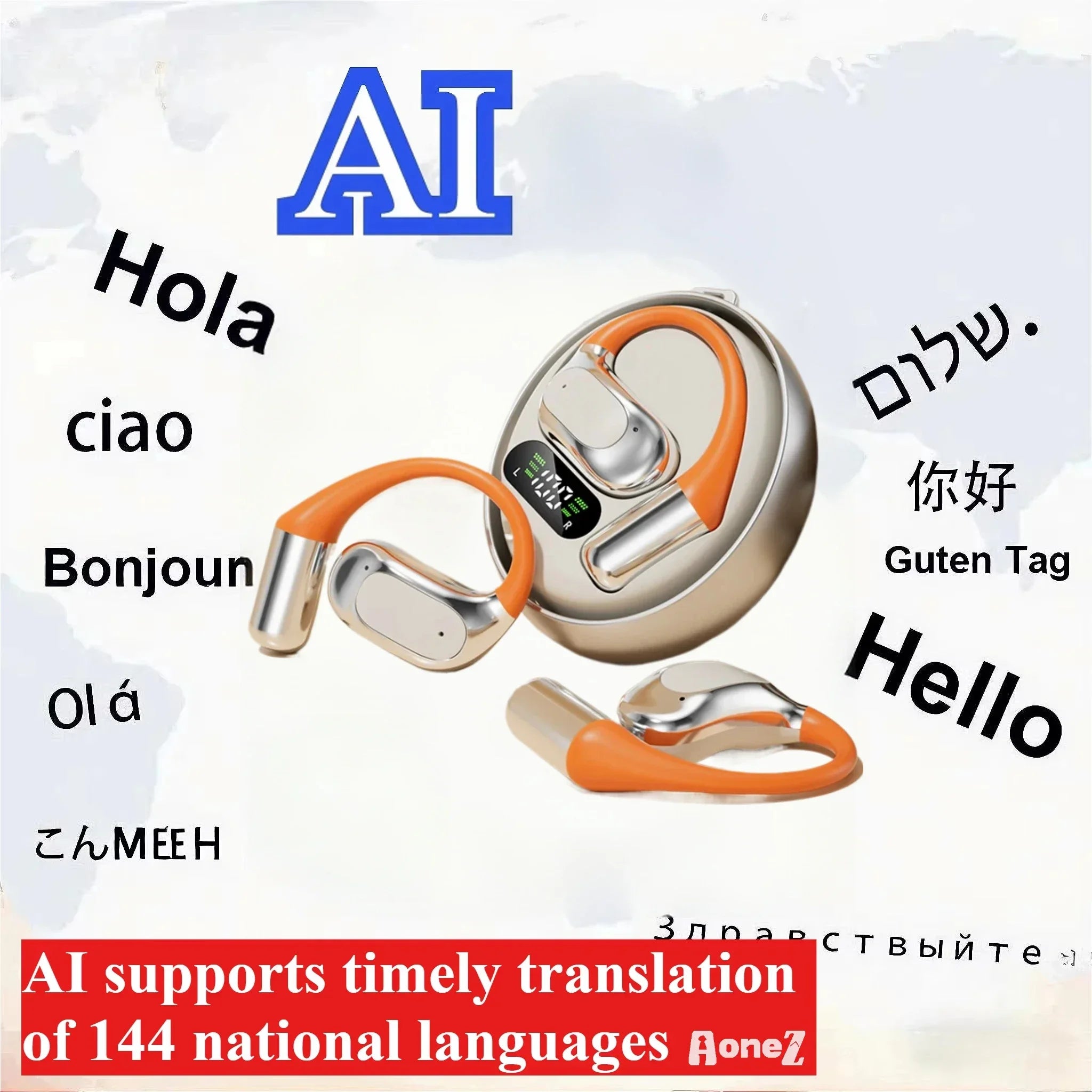 Wireless Translator Headset 144 Languages Real Time AI Translation Bluetooth Earphone Clip on Design for Worldwide Travel