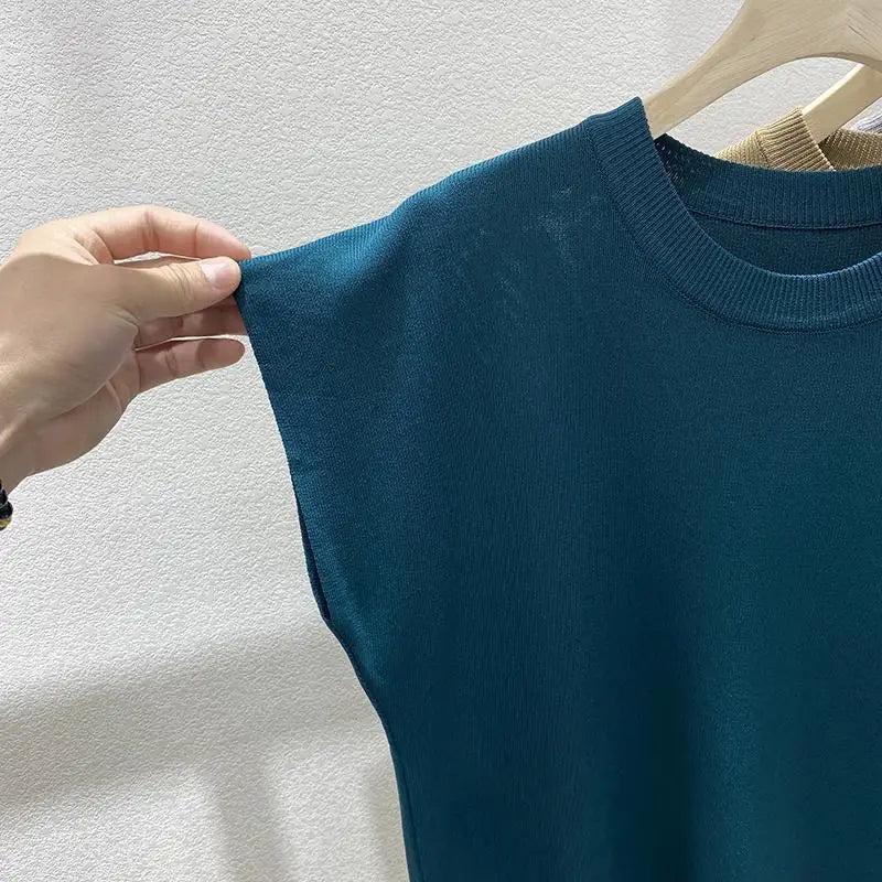 Women's T-shirt Summer O Neck Knitted Fashion Woman Blouse 2026 Short Sleeve Tees Solid Color Ice Silk Oversized T-shirt Women