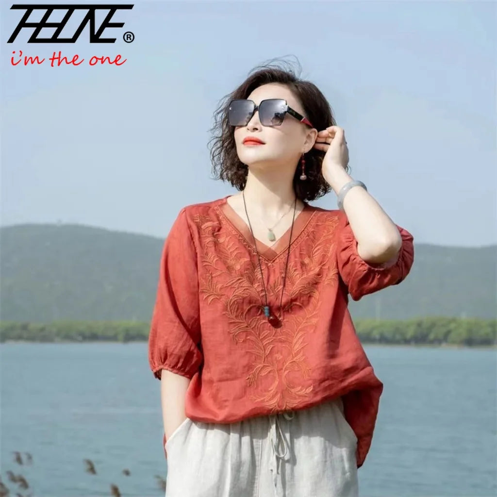 THHOEN Plus Size Fashion Woman Blouse Cotton Linen Casual Blusa Mujer Camisas Women's Clothing Summer Embroidery V-Neck Vintage