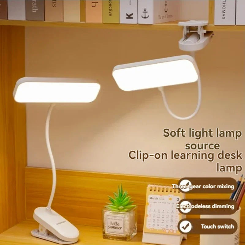 LED Clip-On Desk Lamp With Eye Care,360° Flexible,USB Rechargeable & Plug-in Dimmable LED Night Desk Lamp for Bedroom Study Read
