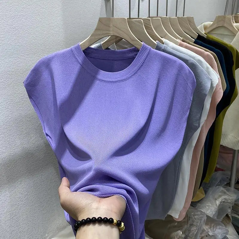 Women's T-shirt Summer O Neck Knitted Fashion Woman Blouse 2026 Short Sleeve Tees Solid Color Ice Silk Oversized T-shirt Women