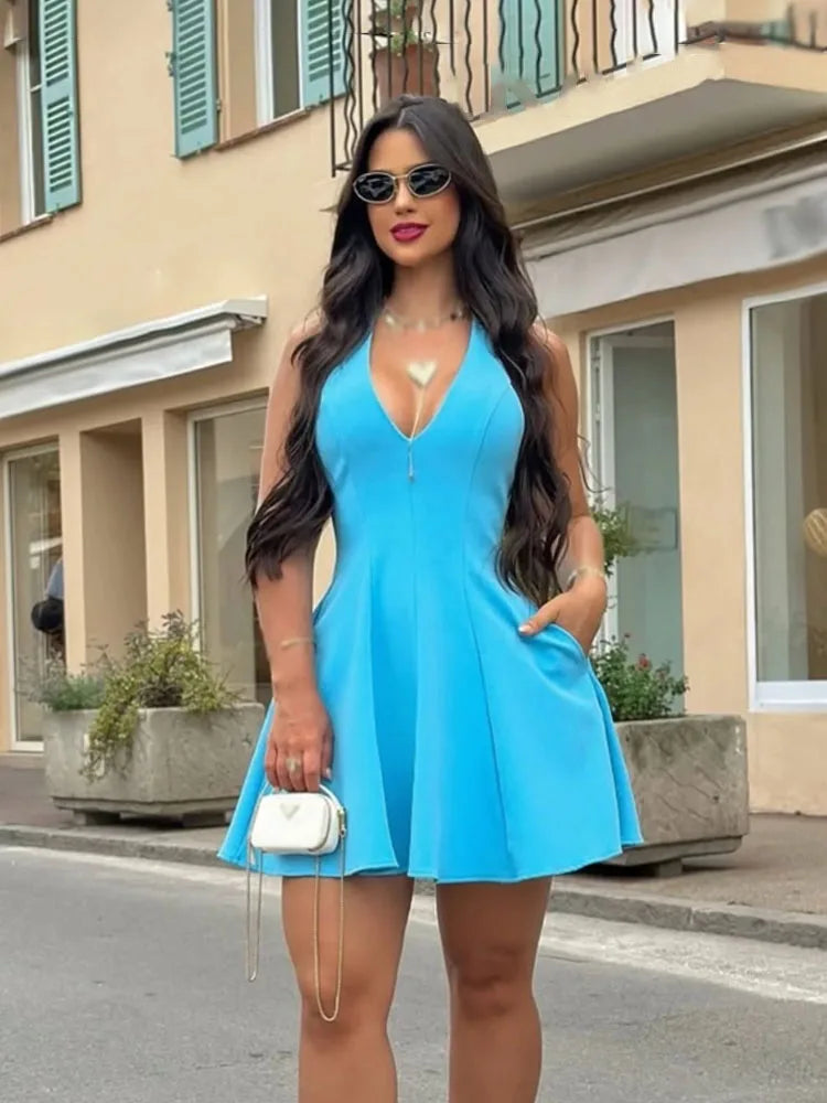HH Women Summer Sexy V-Neck Sleeveless Backless Party Dress New Fashion Woman Solid Rear Zipper Pleated Short Dress Mujer