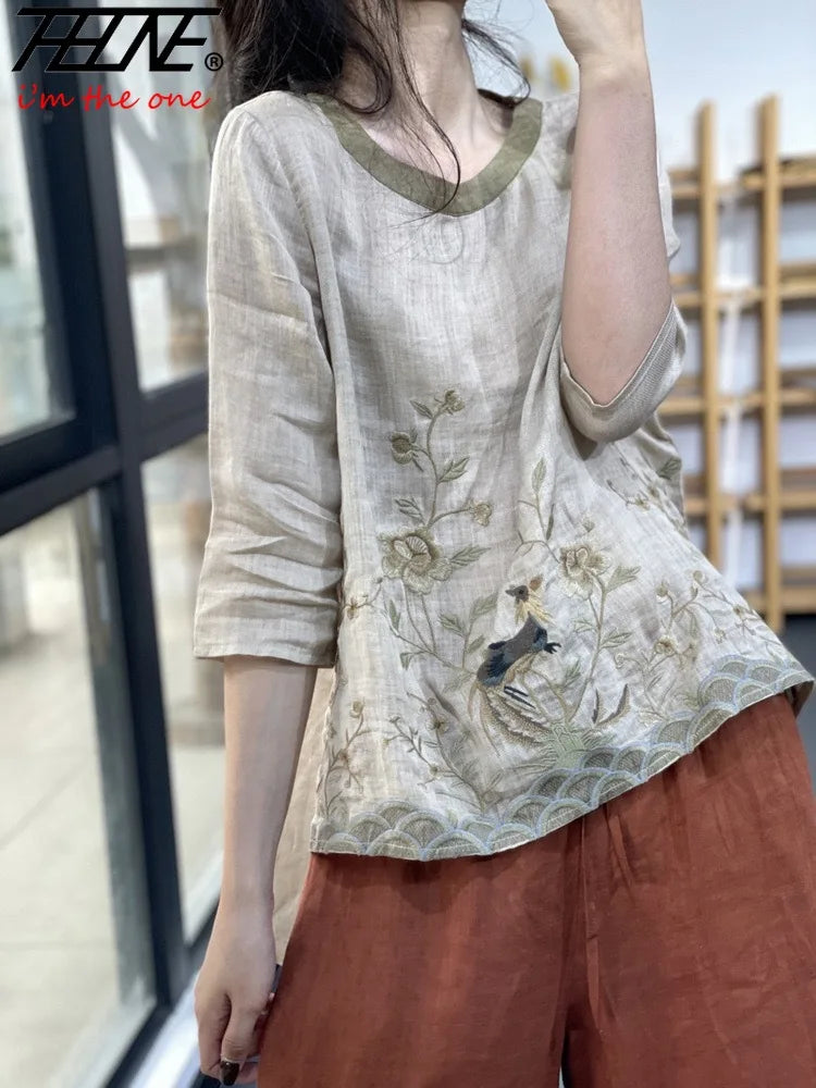 THHONE Summer Fashion Woman Tees 2025 Floral O-Neck T Shirt Tops Casual Vintage Patchwork Loose Embroidery Camisetas Top Mujer