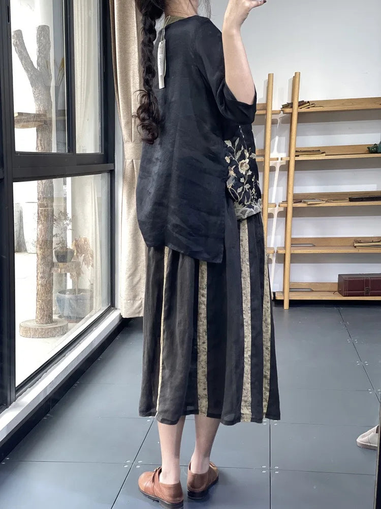 THHONE Summer Fashion Woman Tees 2025 Floral O-Neck T Shirt Tops Casual Vintage Patchwork Loose Embroidery Camisetas Top Mujer