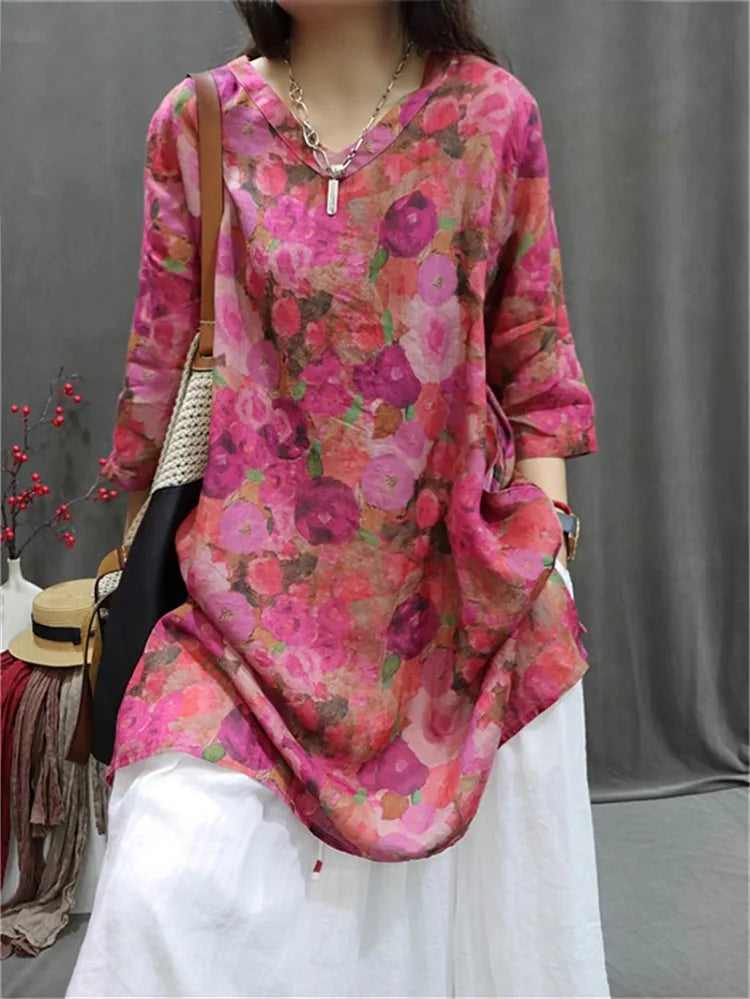 THHONE Fashion Woman Blouse Cotton Linen Casual Blusa Mujer Camisas Women's Clothing Summer Print Loose V-Neck Vintage Shirts