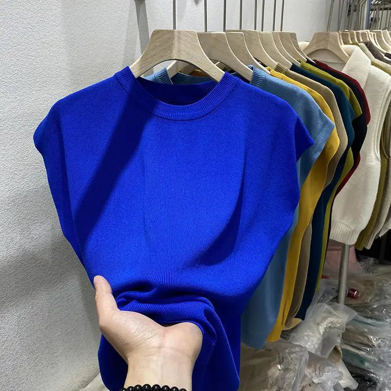 Women's T-shirt Summer O Neck Knitted Fashion Woman Blouse 2026 Short Sleeve Tees Solid Color Ice Silk Oversized T-shirt Women