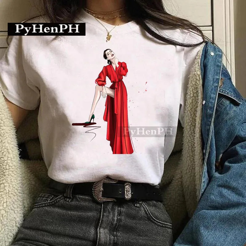 Fashion Girl T Shirt  A Stylish European and American Style Printed T-shirt Is A Great Summer Casual Friend for Women