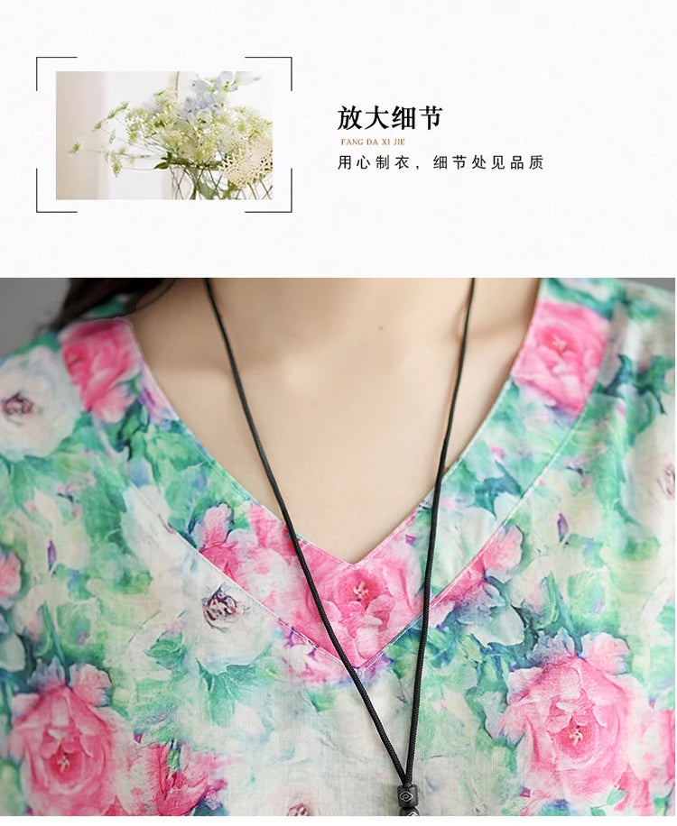 THHONE Fashion Woman Blouse Cotton Linen Casual Blusa Mujer Camisas Women's Clothing Summer Print Loose V-Neck Vintage Shirts