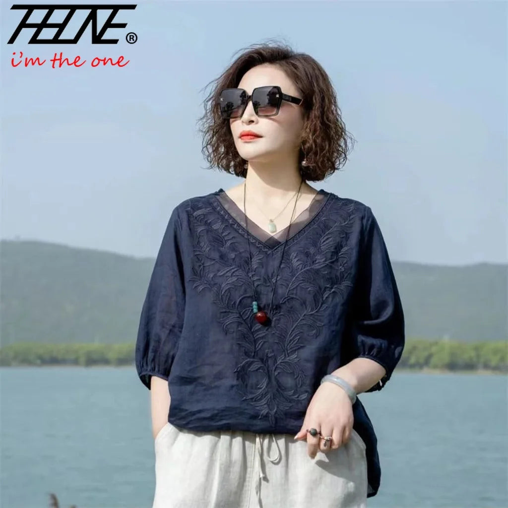 THHOEN Plus Size Fashion Woman Blouse Cotton Linen Casual Blusa Mujer Camisas Women's Clothing Summer Embroidery V-Neck Vintage