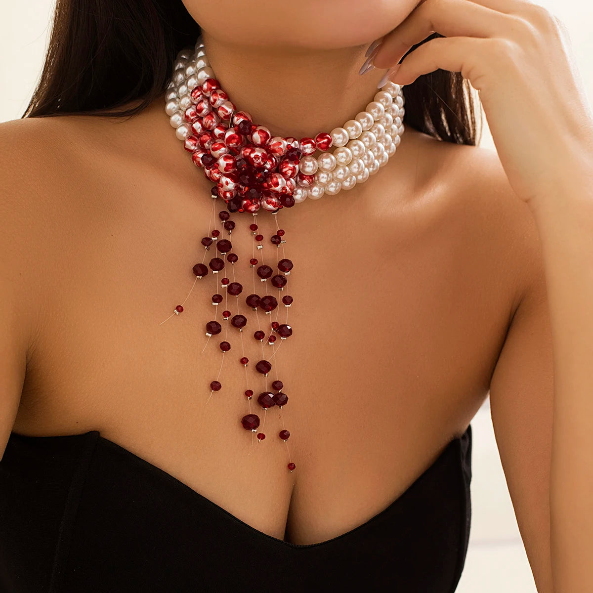 Halloween Gothic Multi Layered Imitation Pearl Clavicle Necklace Harajuku Red Crystal Beads Tassel Choker Women Cosplay Jewelry