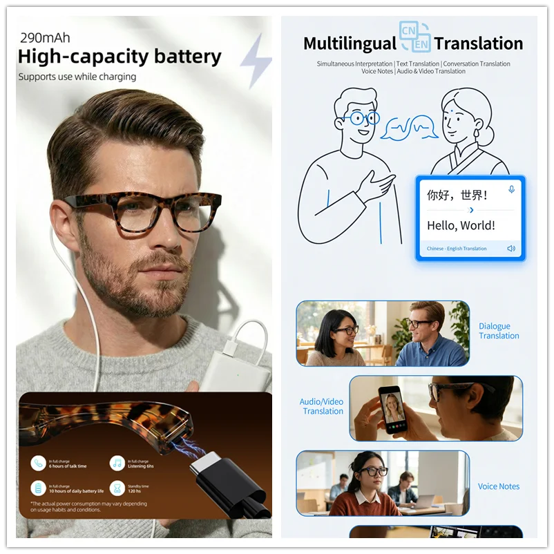 2026New AI Smart Glasses 1300W HD Camera Glasses Photo Recognition Video Record Translation Call Waterproof Sunglasses Men Women