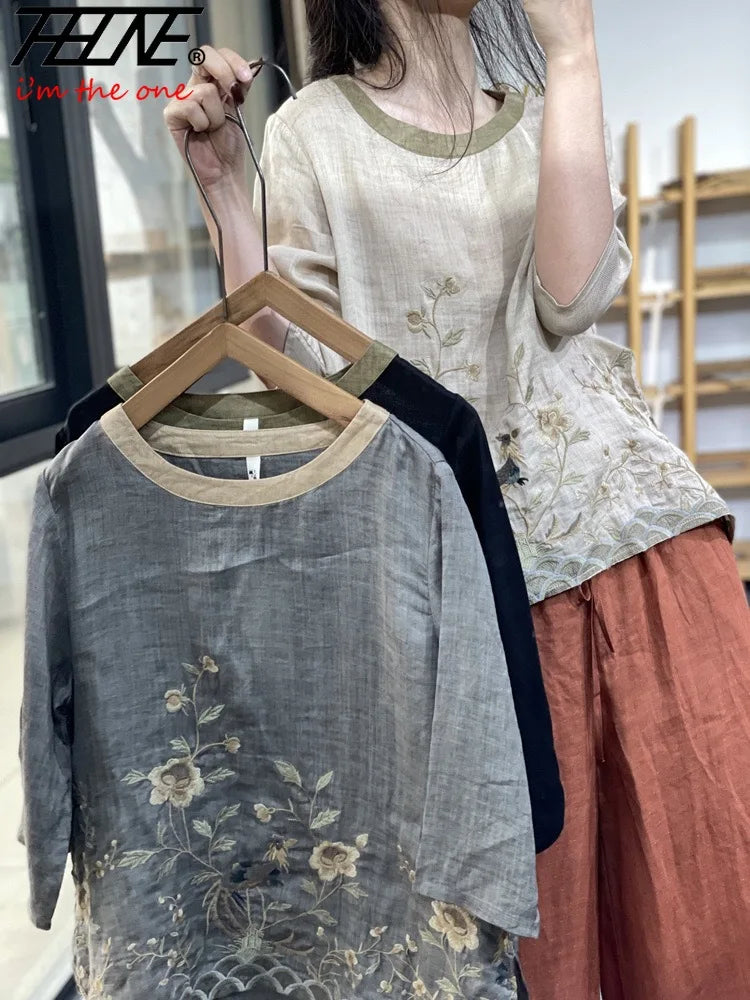 THHONE Summer Fashion Woman Tees 2025 Floral O-Neck T Shirt Tops Casual Vintage Patchwork Loose Embroidery Camisetas Top Mujer