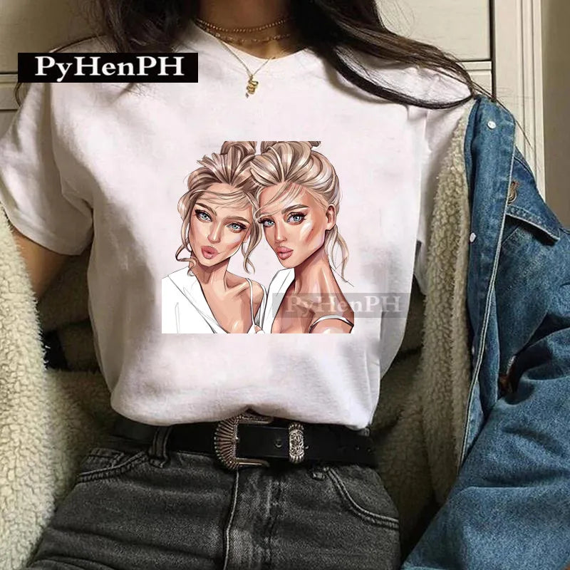 Fashion Girl T Shirt  A Stylish European and American Style Printed T-shirt Is A Great Summer Casual Friend for Women
