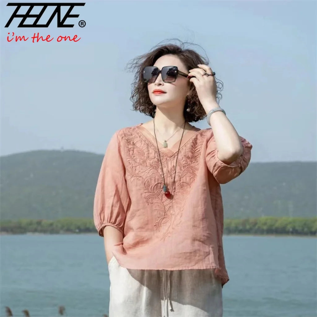THHOEN Plus Size Fashion Woman Blouse Cotton Linen Casual Blusa Mujer Camisas Women's Clothing Summer Embroidery V-Neck Vintage
