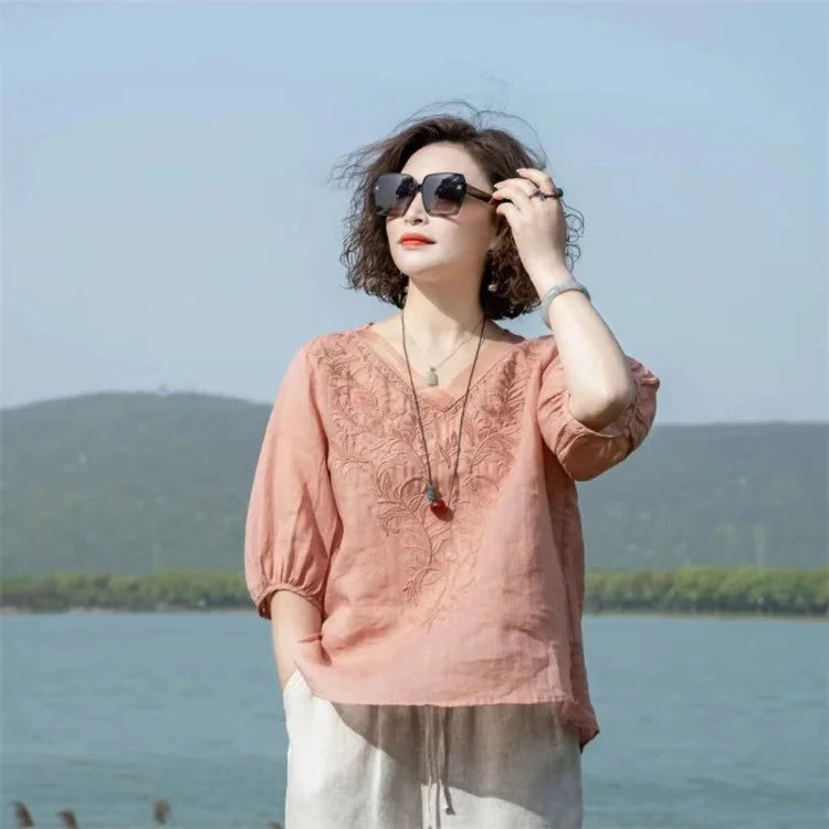 THHOEN Plus Size Fashion Woman Blouse Cotton Linen Casual Blusa Mujer Camisas Women's Clothing Summer Embroidery V-Neck Vintage