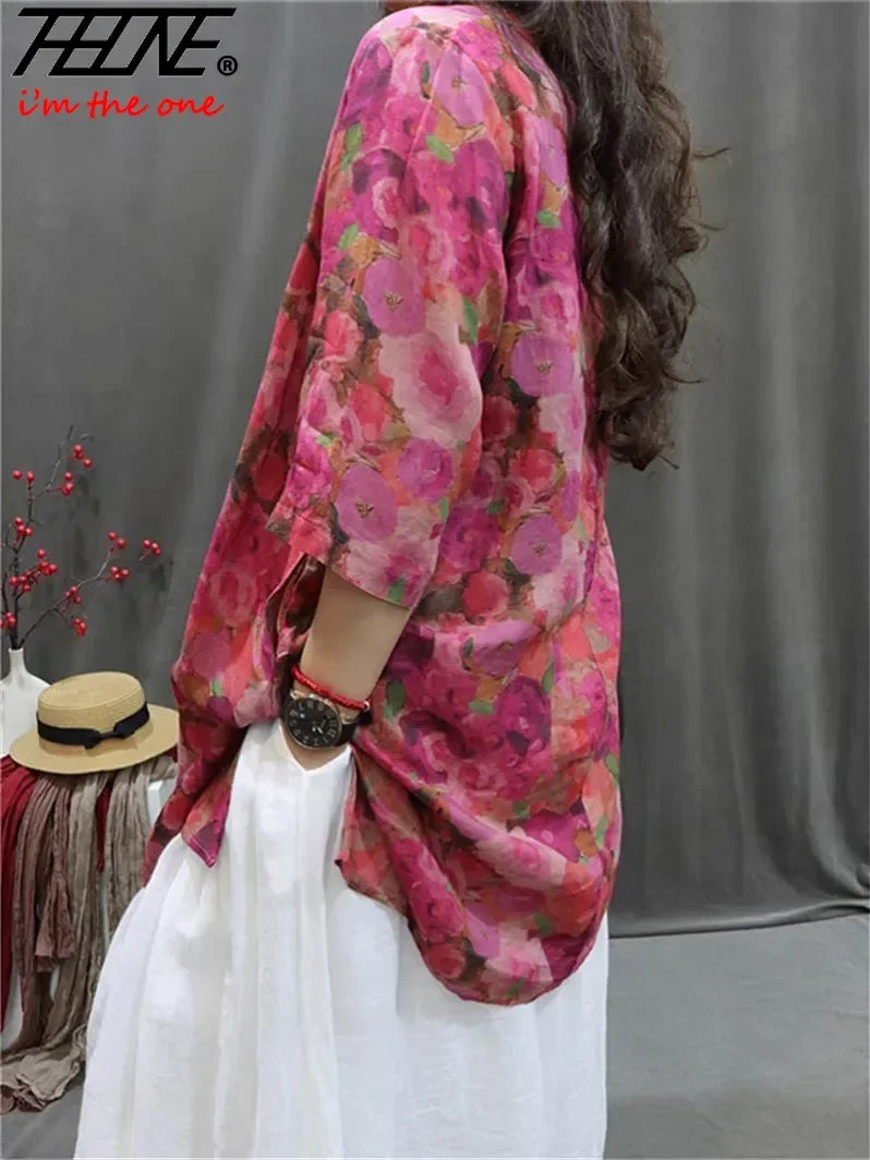 THHONE Fashion Woman Blouse Cotton Linen Casual Blusa Mujer Camisas Women's Clothing Summer Print Loose V-Neck Vintage Shirts
