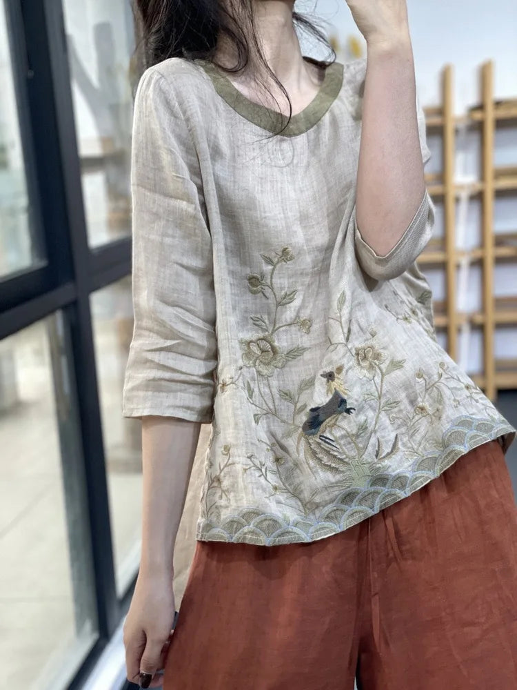 THHONE Summer Fashion Woman Tees 2025 Floral O-Neck T Shirt Tops Casual Vintage Patchwork Loose Embroidery Camisetas Top Mujer
