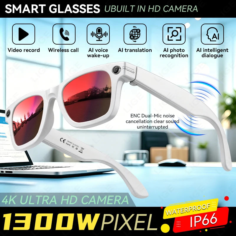 LIGE New AI Smart Glasses 1300W Pixel Camera 4K Video AI Translation Music Player BT Call Waterproof Color Change Sunglasses Men