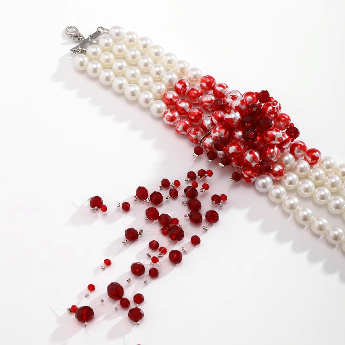Halloween Gothic Multi Layered Imitation Pearl Clavicle Necklace Harajuku Red Crystal Beads Tassel Choker Women Cosplay Jewelry
