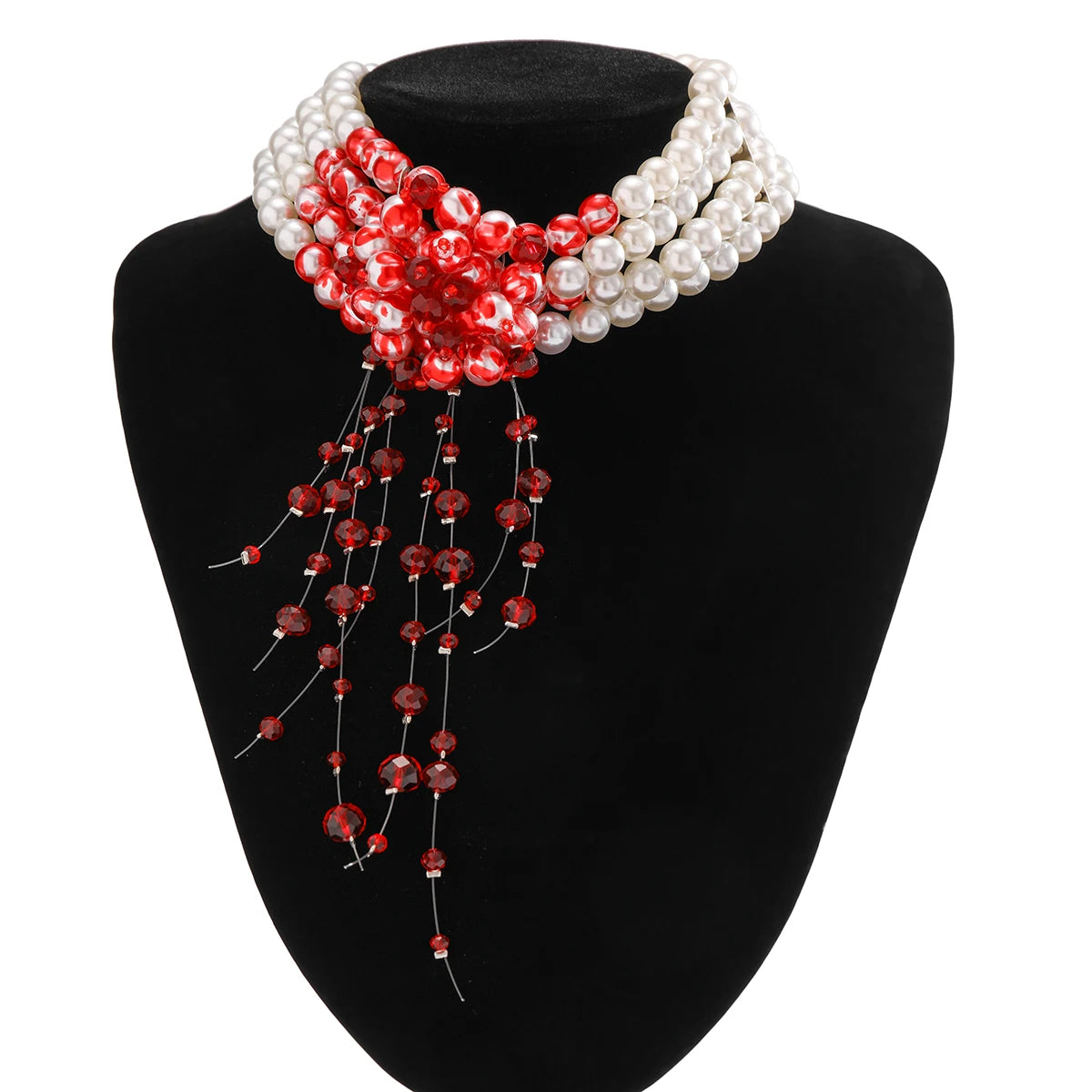 Halloween Gothic Multi Layered Imitation Pearl Clavicle Necklace Harajuku Red Crystal Beads Tassel Choker Women Cosplay Jewelry