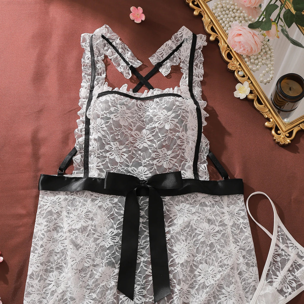 French Fashion Contrasting Heavy Industry Floral Square Collar Hollowed Out Perspective Lace Shapewear Suspender Maid Dress