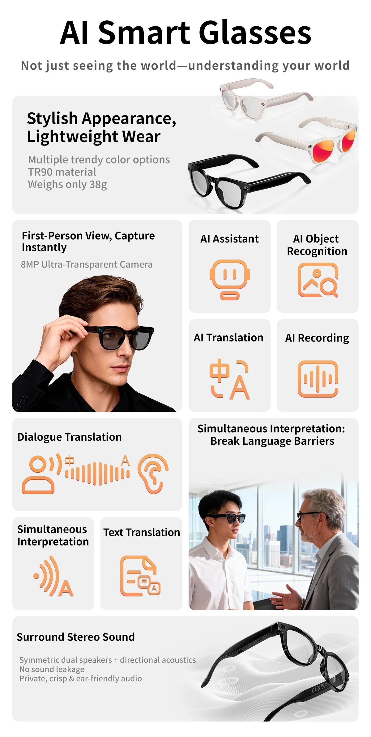 2026 AI Smart Glasses Translation Glasses 800W Pixel Camera Photo Video Recording WIFI Bluetooth 5.4 Waterproof Smart Sunglasses