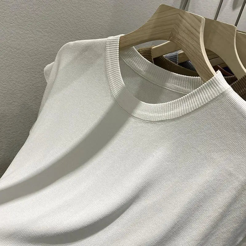 Women's T-shirt Summer O Neck Knitted Fashion Woman Blouse 2026 Short Sleeve Tees Solid Color Ice Silk Oversized T-shirt Women