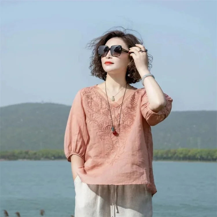 THHOEN Plus Size Fashion Woman Blouse Cotton Linen Casual Blusa Mujer Camisas Women's Clothing Summer Embroidery V-Neck Vintage
