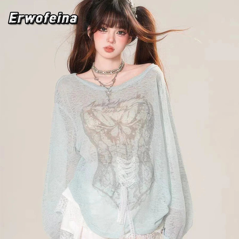 Erwofeina Hotsweet Tank Top Graphic T Shirts 2000s Clothes Y2k Long Sleeve Tees Korean Fashion Woman Clothes Summer Casual Top