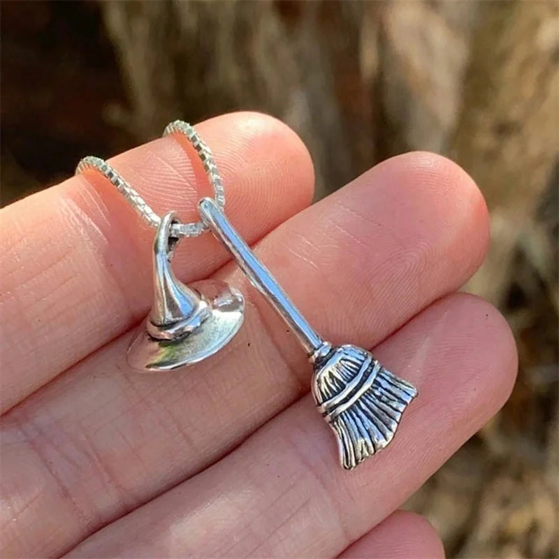 Halloween Gothic Silver Plated Broom Hat Necklace Witch Themed Jewelry for Women Men Spooky Coven Accessory Giftfor Parties