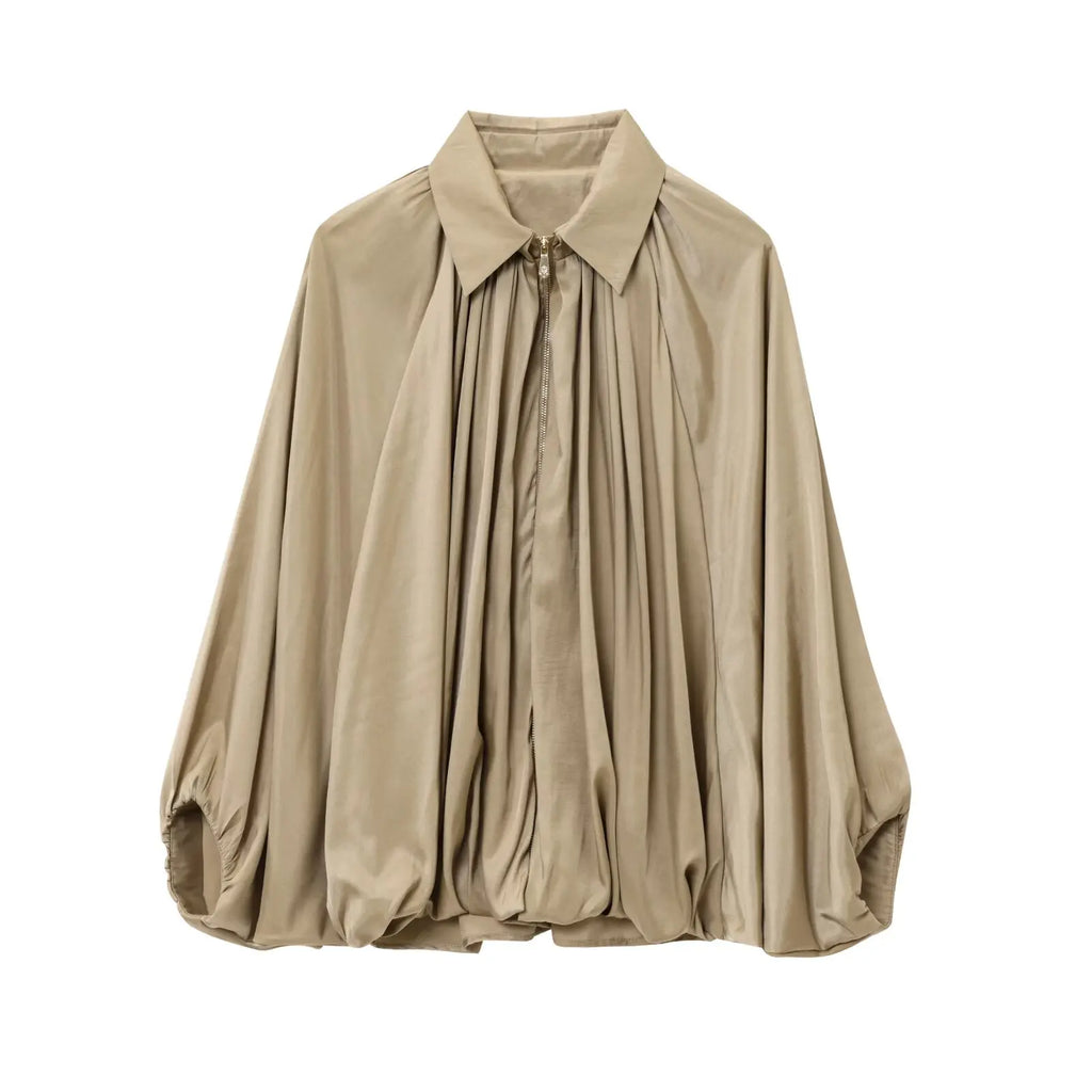 HH 2025 Fashion Woman Casual Zipper Design Solid Coat Spring Women Lapel Bat Sleeve Pleated Design Loose Jacket Top Mujer