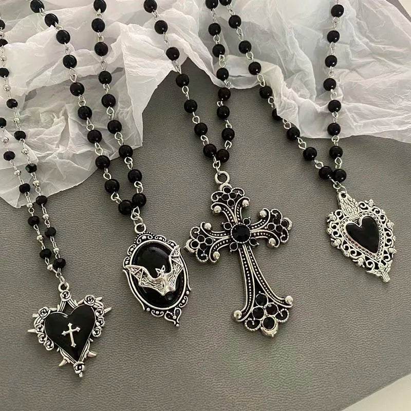 Halloween Vintage Gothic Bat Cross Dark Pendant Necklace Y2K Punk Thorn Love Black Bead Stacked Necklace Jewelry Gifts