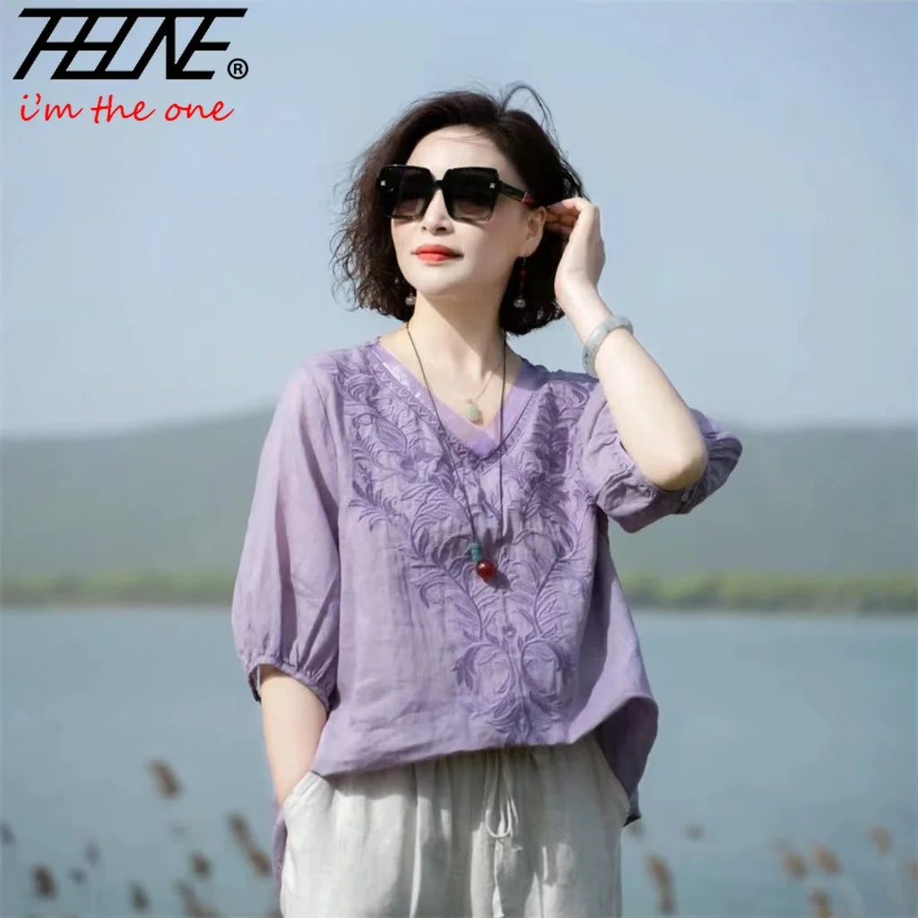 THHOEN Plus Size Fashion Woman Blouse Cotton Linen Casual Blusa Mujer Camisas Women's Clothing Summer Embroidery V-Neck Vintage