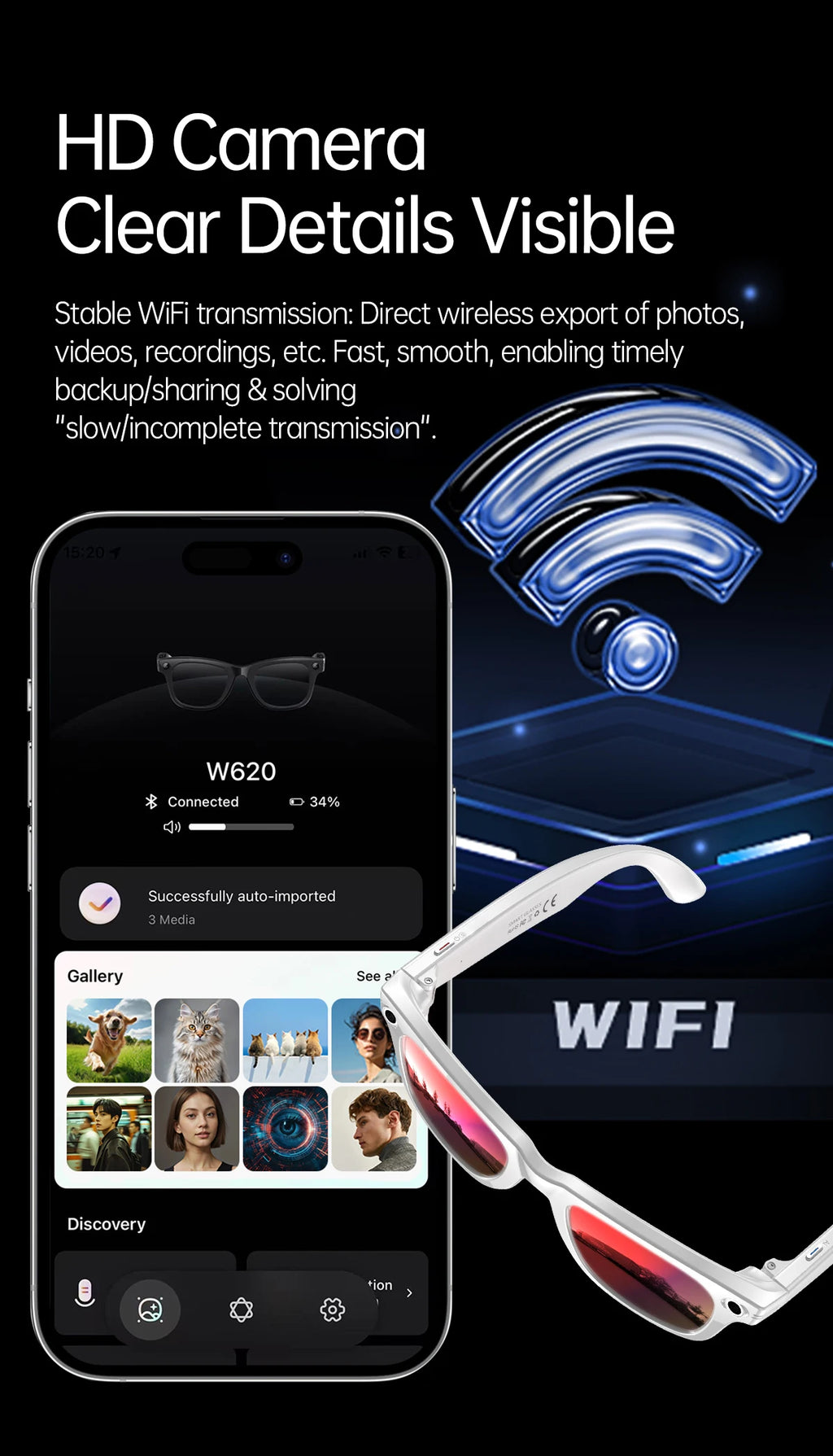AI 5 Million Pixels Smart Glasses Recording Videos Photo Recognition Answer Translation 290mAh IP66 Waterproof Bluetooth Glasses