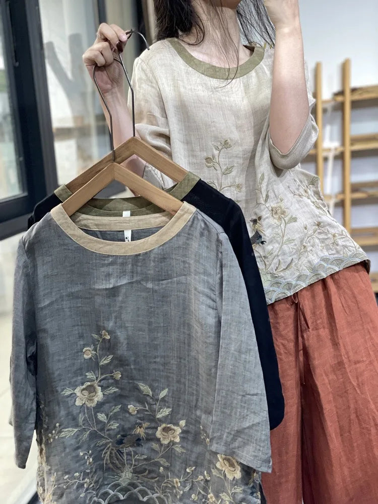 THHONE Summer Fashion Woman Tees 2025 Floral O-Neck T Shirt Tops Casual Vintage Patchwork Loose Embroidery Camisetas Top Mujer