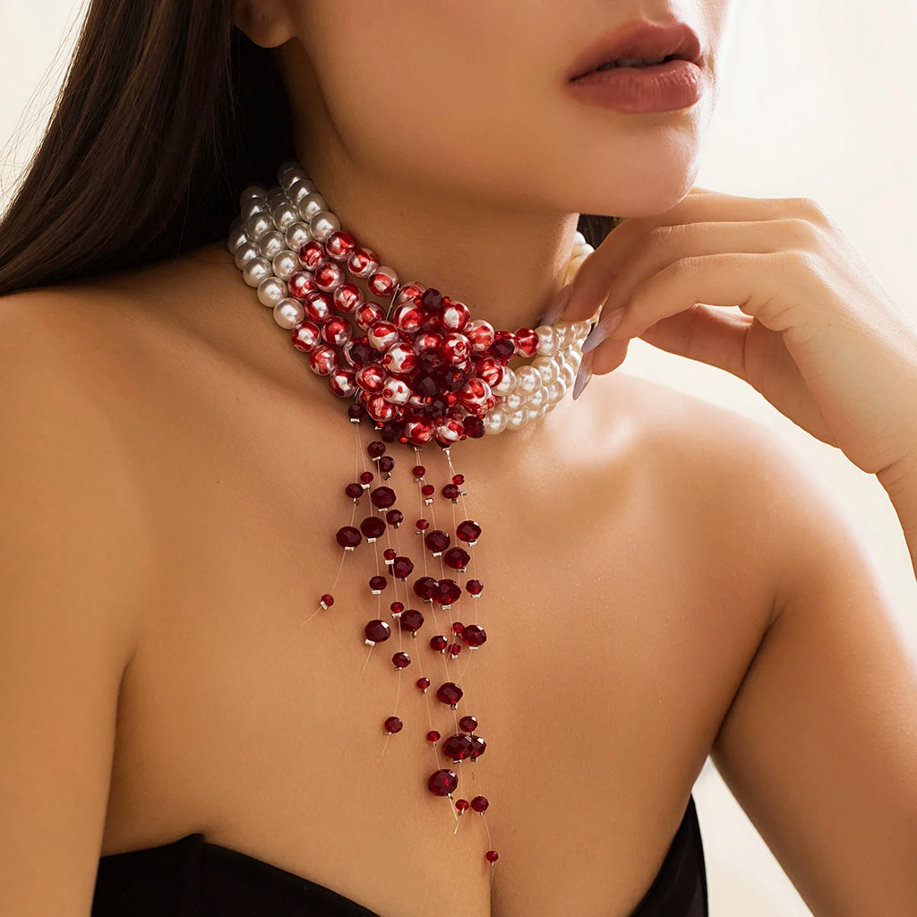Halloween Gothic Multi Layered Imitation Pearl Clavicle Necklace Harajuku Red Crystal Beads Tassel Choker Women Cosplay Jewelry
