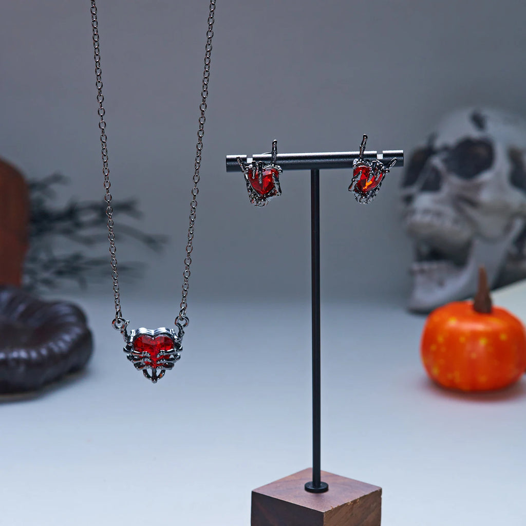 Halloween Skull Hand Jewelry Set for Women Black Red Crystal Heart Necklace Stud Earrings Gothic Party Accessories Jewelry Gift