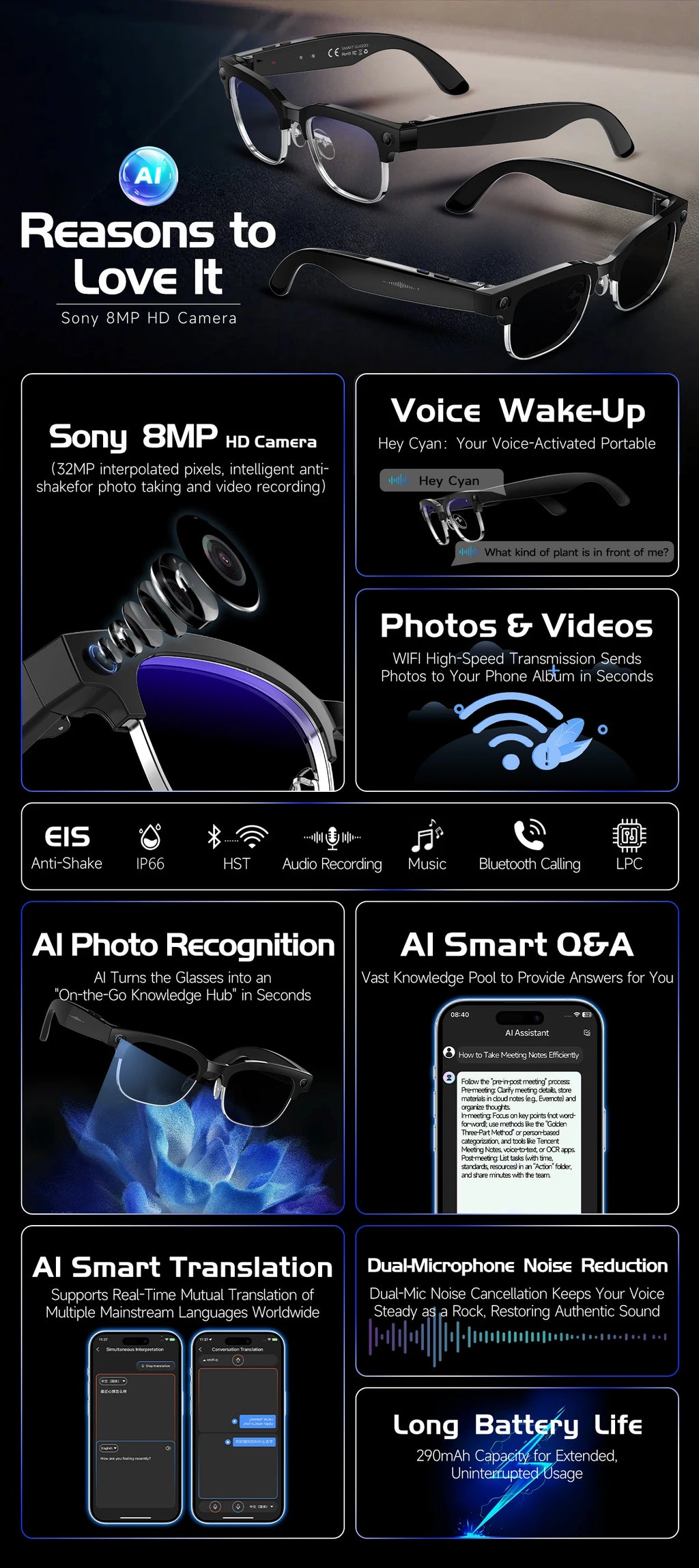 2026 Smart AI Glasses 4K HD 800W Camera 32GB Memory 140+ Translation ChatGPT Music Play Photos &Video Shoot Sunglasses Men Women