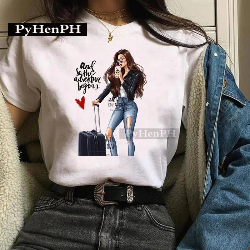 Fashion Girl T Shirt  A Stylish European and American Style Printed T-shirt Is A Great Summer Casual Friend for Women