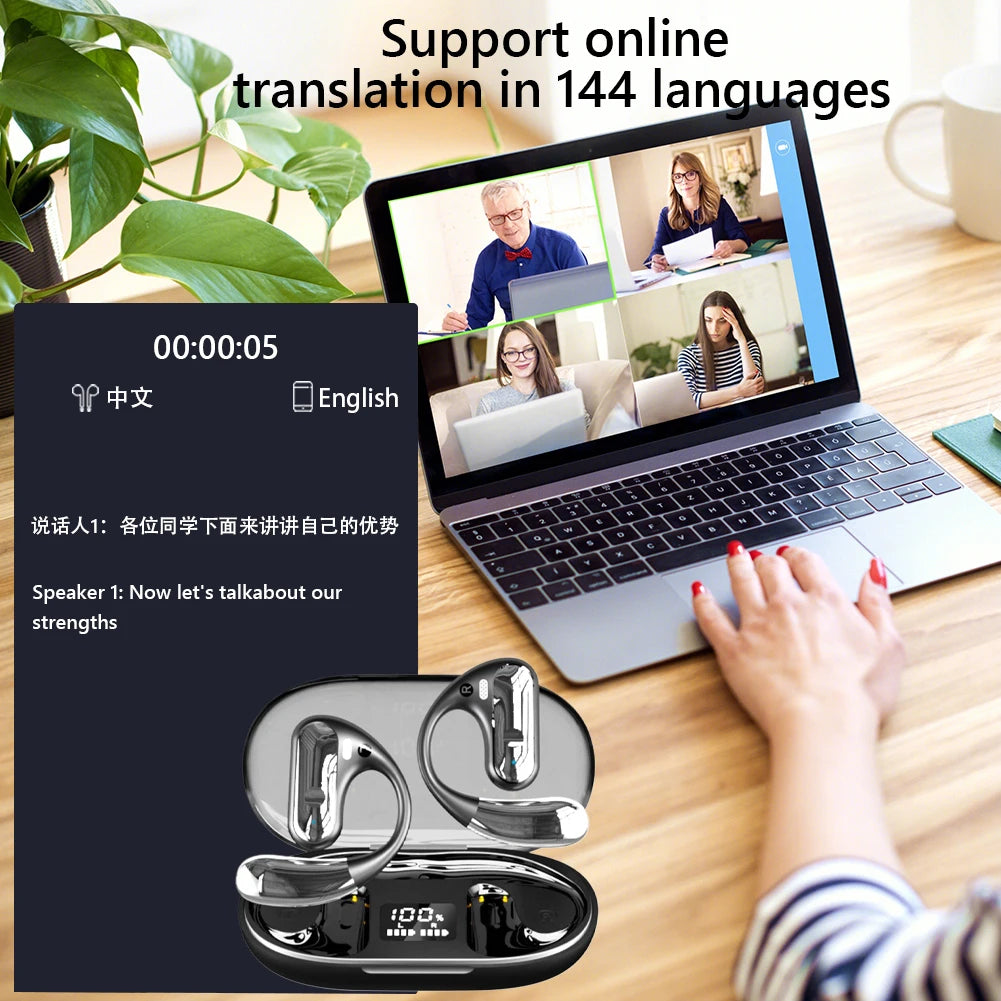 144 Languages AI Translator Earbuds Noise Cancelling Stereo Earhook Sports Headphone Translation Device for Travel and Business