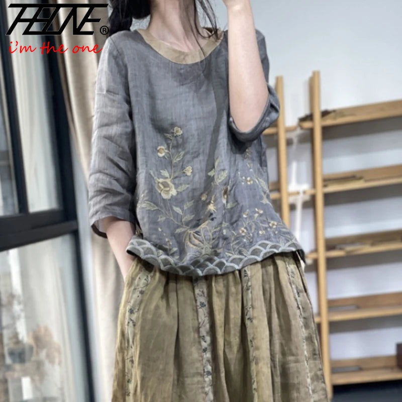THHONE Summer Fashion Woman Tees 2025 Floral O-Neck T Shirt Tops Casual Vintage Patchwork Loose Embroidery Camisetas Top Mujer