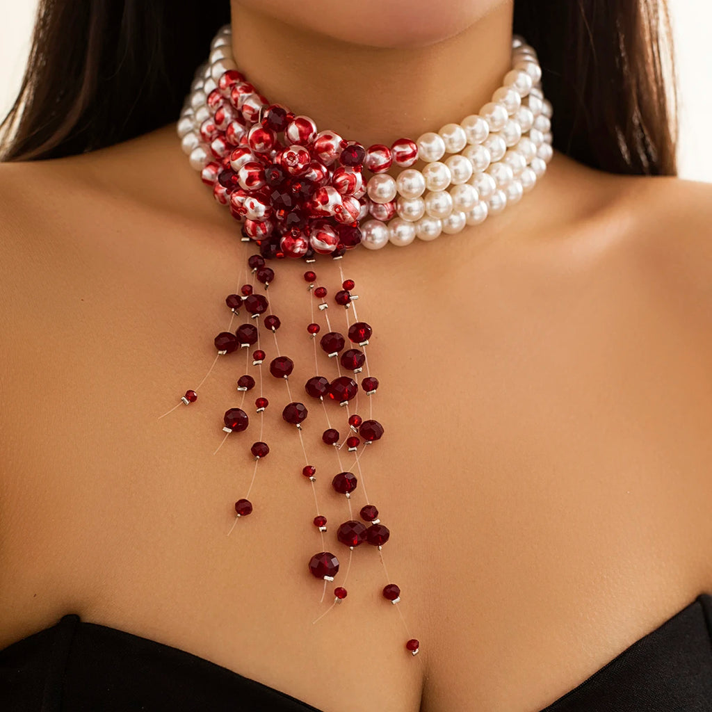 Halloween Gothic Multi Layered Imitation Pearl Clavicle Necklace Harajuku Red Crystal Beads Tassel Choker Women Cosplay Jewelry