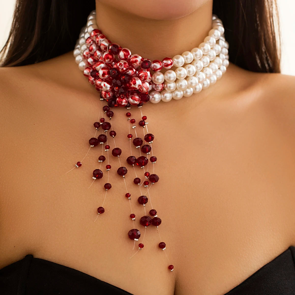 Halloween Gothic Multi Layered Imitation Pearl Clavicle Necklace Harajuku Red Crystal Beads Tassel Choker Women Cosplay Jewelry