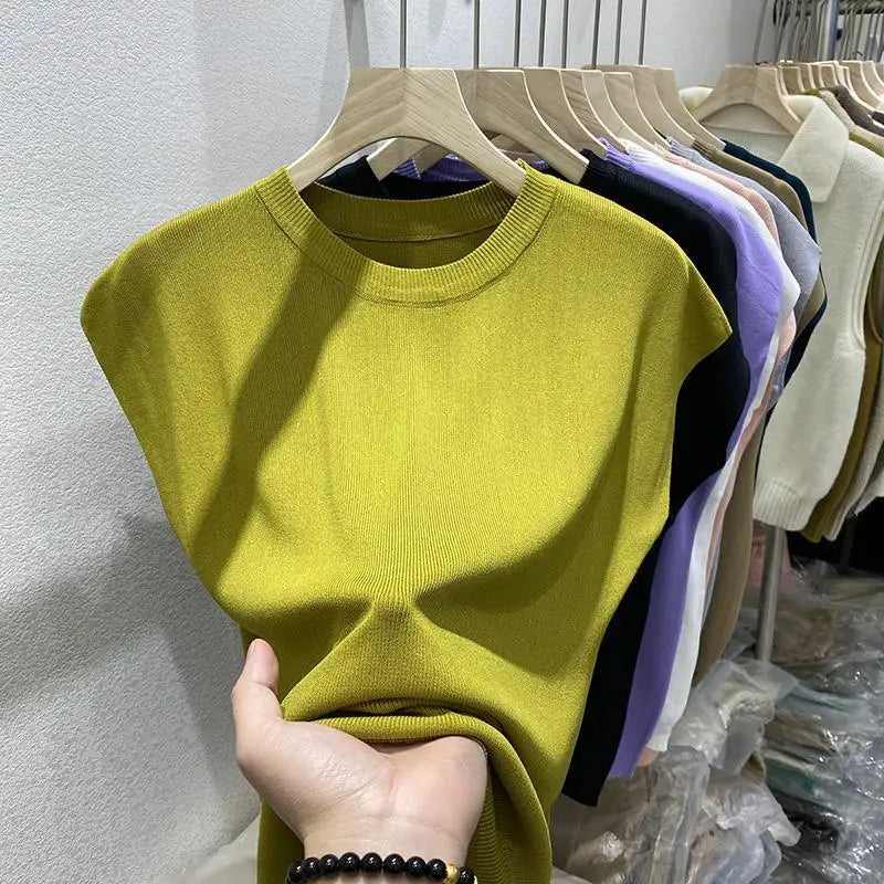 Women's T-shirt Summer O Neck Knitted Fashion Woman Blouse 2026 Short Sleeve Tees Solid Color Ice Silk Oversized T-shirt Women